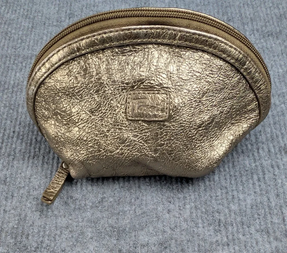 Fossil Leather Coin Pouch Purse Zip Closure Lined Metallic Bronze Makeup Travel